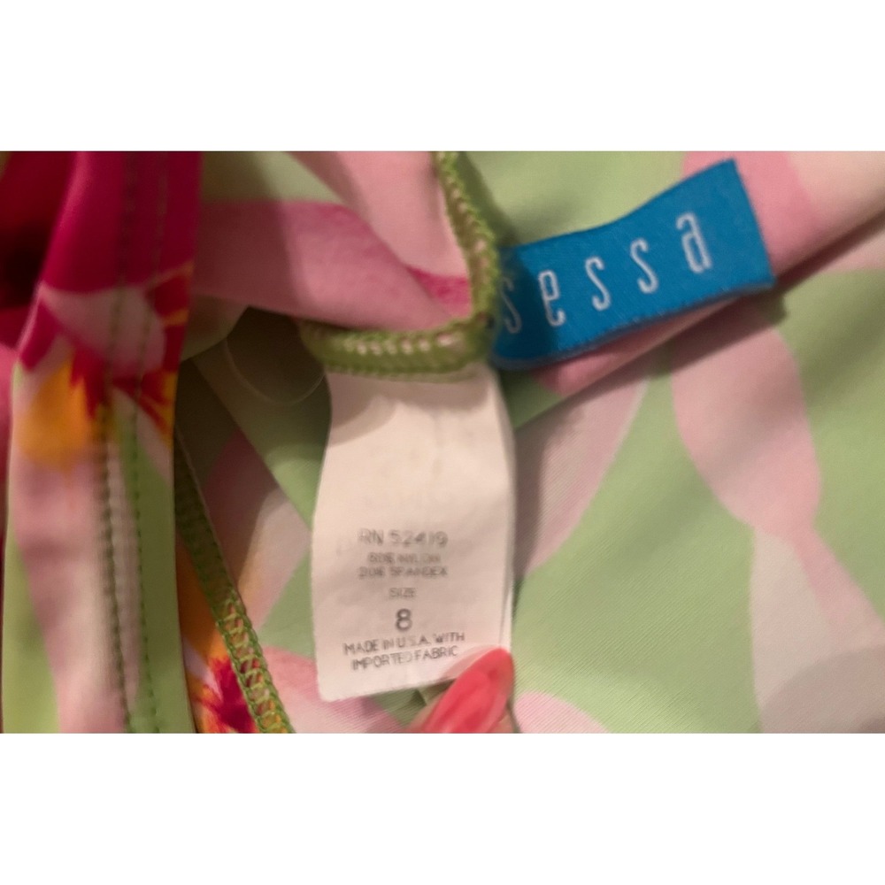 Sessa Green Pink Floral Halter Tankini Swim‎ Top Padded Size 8 Tropical Hawaiian - Picture 3 of 9
